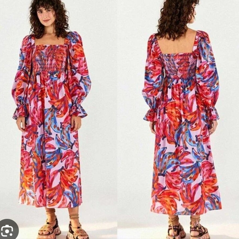 FARM Rio Red and Pink Ruffled Tiered Sundress with Puff Sleeves Small